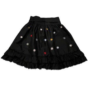 DKNY Vtg Silk Taffeta Floral Embroidered Full Skirt, Ruffled Hem, Black, 12